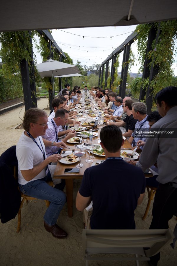 Farm to table lunch, looking down the long table under the vines